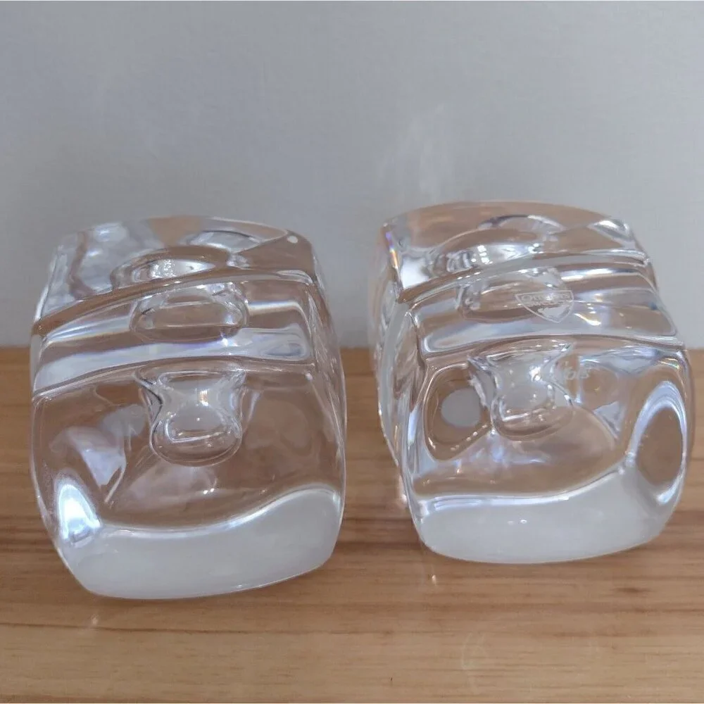 Set Of Orrefors Sweden Crystal Clear Glass Taper Candle Holders Geometric Cubes